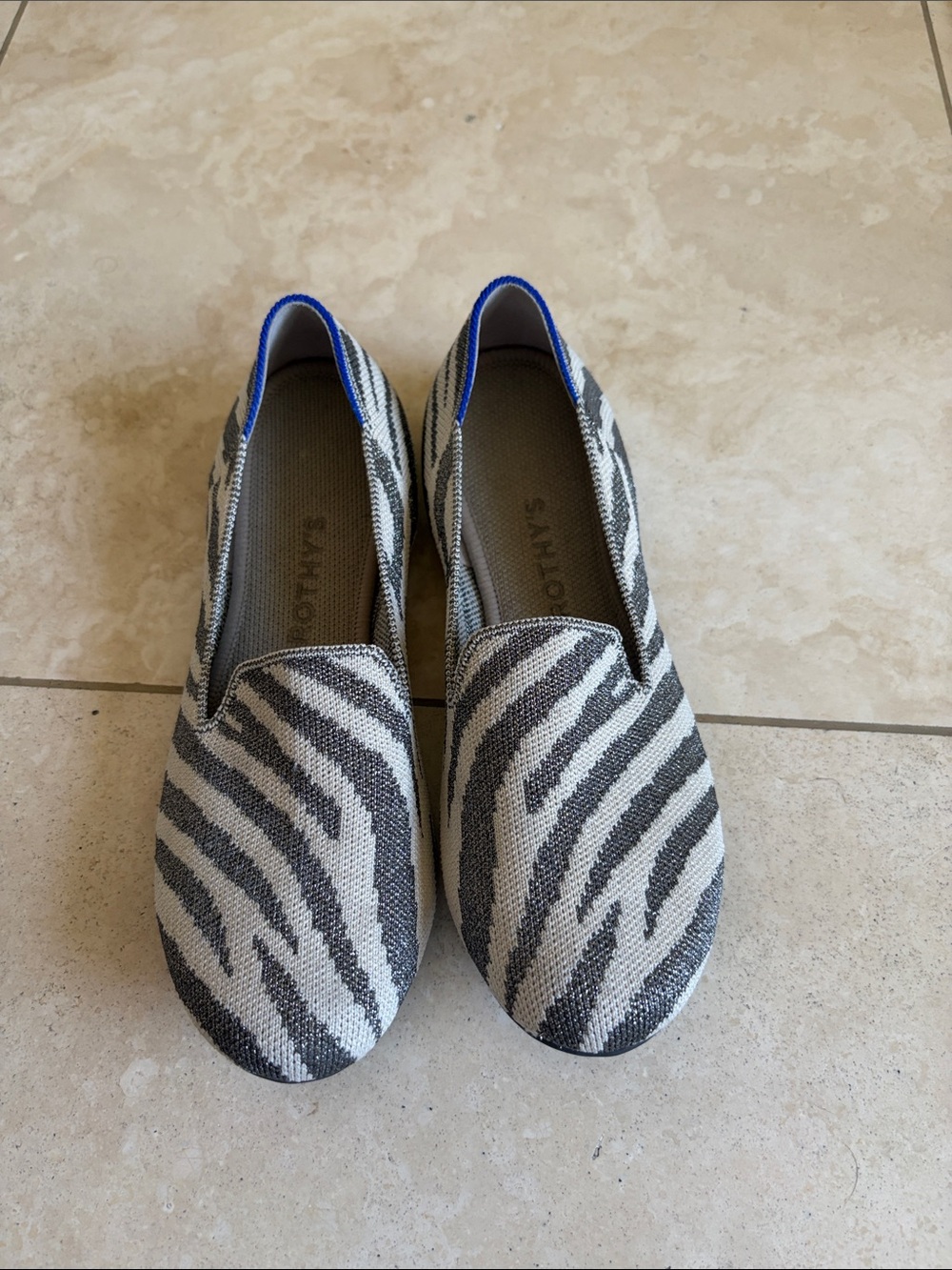 Rothy's Zebra Knit Slip-On Flats - Gray & White with Blue Trim